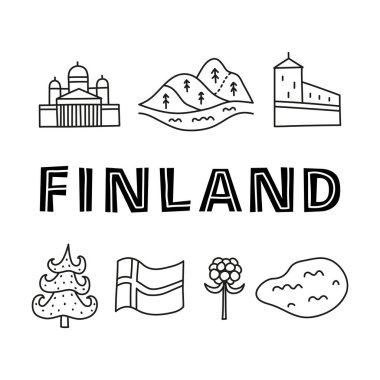 Helsinki Katedrali, göl, bulut çileği, Olaf 'ın kalesi, tepeler, köknar ağacı, beyaz arka planda izole edilmiş bayrak içeren harf ve karalama Finlandiya simgelerinin olduğu poster..