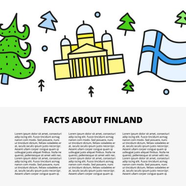 Metin ve karalama için alan ve köknar ağaçları, Helsinki katedrali ve beyaz arkaplanda izole edilmiş bayrak içeren Finlandiya simgeleri için yazı şablonu.