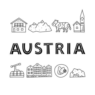 Beyaz arka planda Viyana Katedrali, tren, dağ evi, kilise, Alp Dağları, inek, mağara, bayrak, şnitzel, strudel, vs. gibi Avusturya simgelerinin ana hatlarını çizen poster..