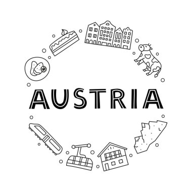 Tren, dağ evi, dağlık dağ, inek, şnitzel ve daire şeklinde pastadan oluşan Avusturya ikonları..