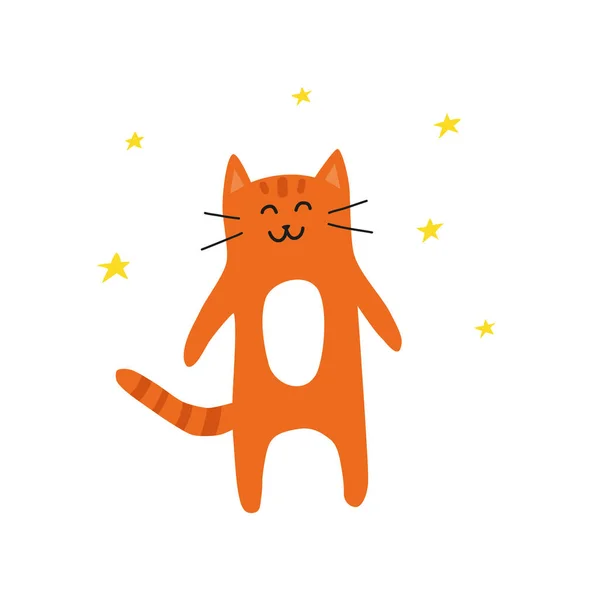 Cute Doodle Orange Ginger Smiling Cat Stars Isolated White Background — Stock Vector