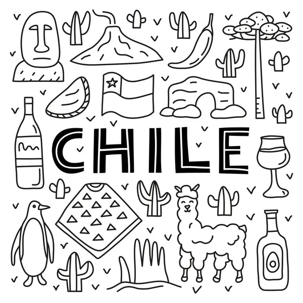 Cartaz Com Letras Esboço Doodle Ícones Chile Incluindo Estátua Ilha —  Vetores de Stock