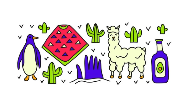 Grupo Iconos Chile Color Garabato Incluyendo Pingüino Poncho Alpaca Mano — Archivo Imágenes Vectoriales