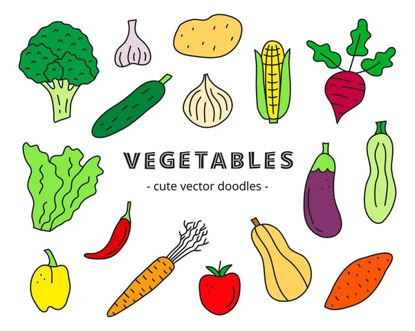 Conjunto Iconos Alimentos Vegetales Doodle Colorido Lindo Incluyendo Brócoli Ajo — Vector de stock