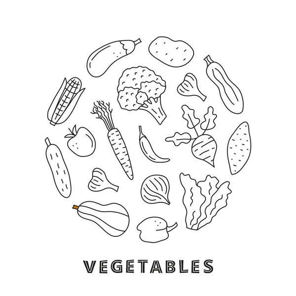 Lindo Doodle Bosquejo Alimentos Vegetales Iconos Incluyendo Brócoli Ajo Pepino — Archivo Imágenes Vectoriales