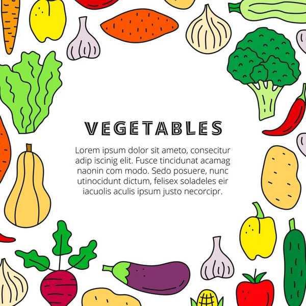 Póster Con Lindo Doodle Coloridos Alimentos Vegetales Iconos Incluyendo Brócoli — Archivo Imágenes Vectoriales