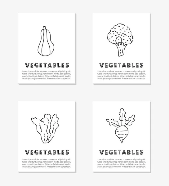 Karten Mit Text Und Niedlichem Doodle Umreißen Lebensmittel Gemüse Symbole — Stockvektor