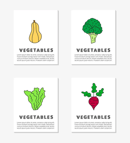 Κάρτες Κείμενο Και Χαριτωμένα Doodle Χρωματιστά Τρόφιμα Φυτικά Εικονίδια Συμπεριλαμβανομένων — Διανυσματικό Αρχείο