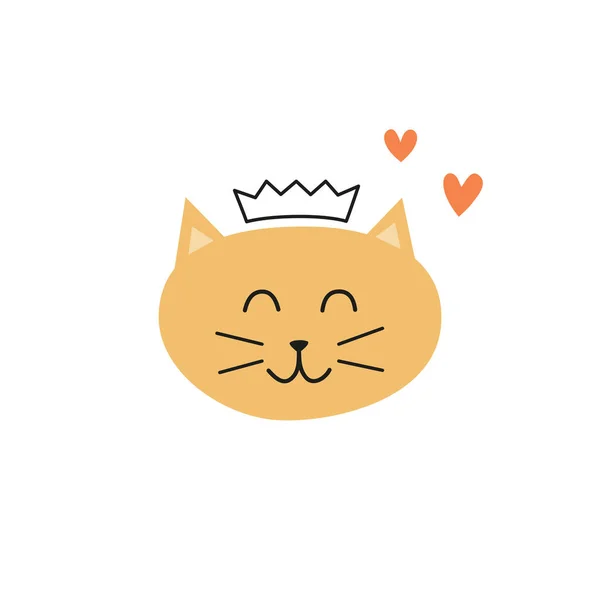 Cute Colorful Doodle Cat Princess Face Outline Crown Hearts Scandinavian — Stock Vector