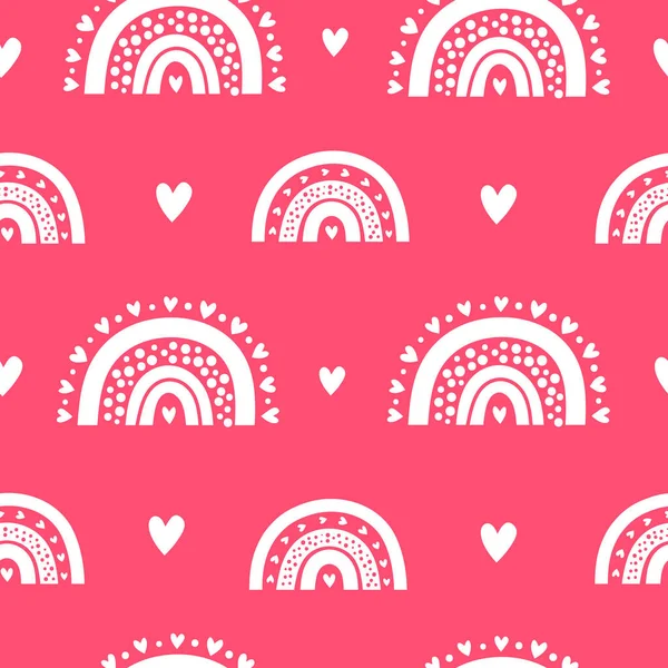 可爱的粉色无缝图案 斯堪的纳维亚彩虹和心脏用于童装 婴儿淋浴 情人节 剪贴簿 — 图库矢量图片
