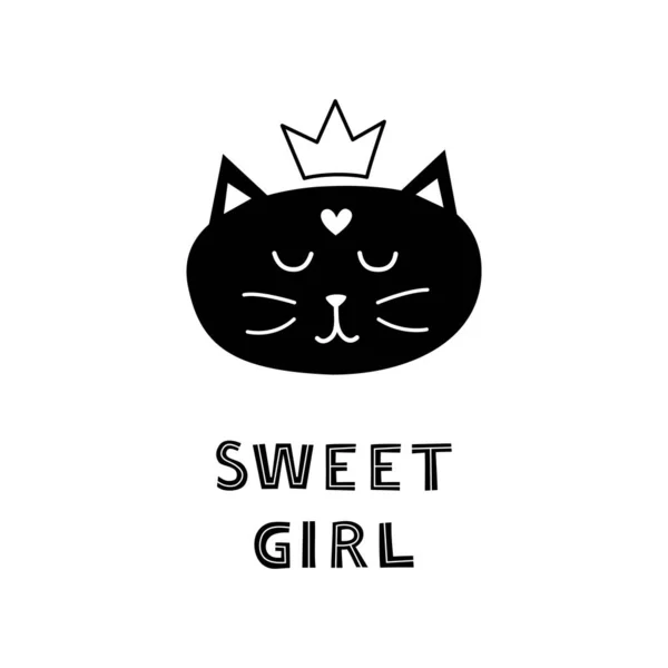 Χαριτωμένο Μαύρο Doodle Γάτα Πριγκίπισσα Πρόσωπο Περίγραμμα Στέμμα Και Γράμματα — Διανυσματικό Αρχείο