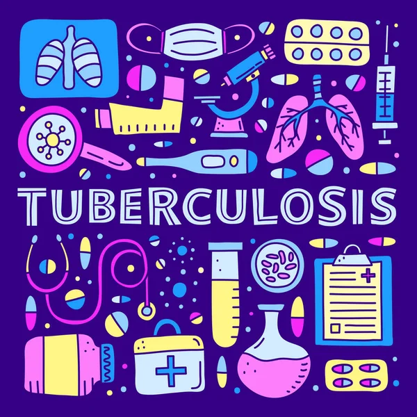 Póster Con Letras Garabatos Coloridos Artículos Tuberculosis Incluyendo Los Pulmones — Archivo Imágenes Vectoriales