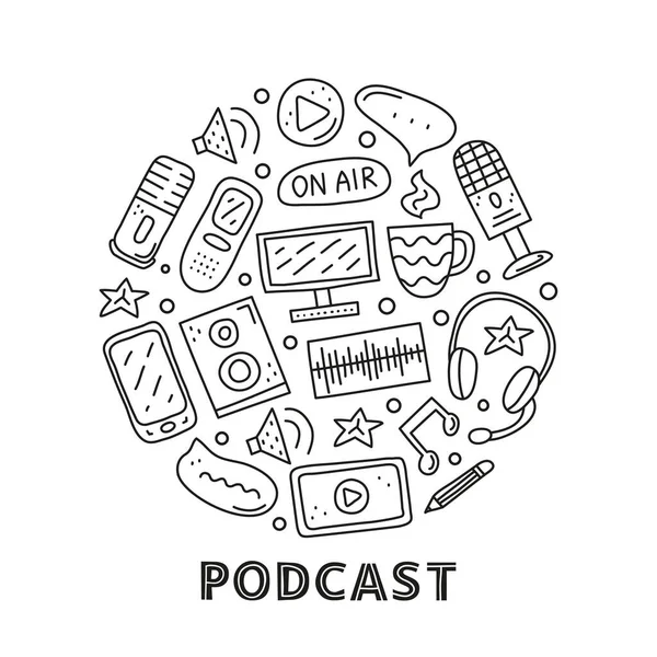 Doodle Omtrek Podcast Pictogrammen Met Inbegrip Van Smartphone Tablet Hoofdtelefoon — Stockvector