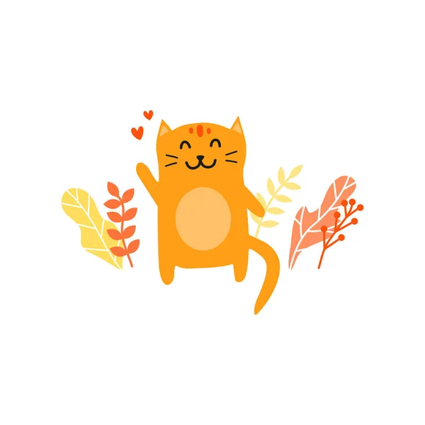 Cute Doodle Orange Ginger Smiling Welcoming Cat Hearts Autumn Leaves — Stock Vector