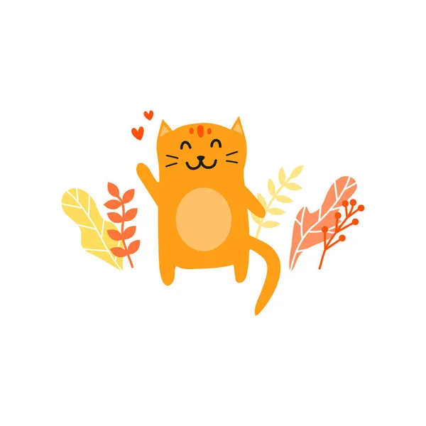 Doodle Bonito Laranja Gengibre Sorrindo Gato Acolhedor Com Corações Folhas —  Vetores de Stock