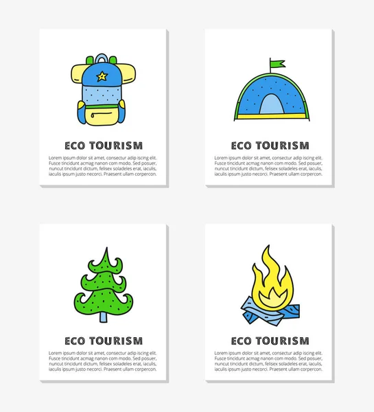 Kaarten Met Doodle Gekleurde Eco Toerisme Pictogrammen Waaronder Rugzak Tent — Stockvector