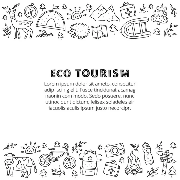 Póster Con Espacio Para Texto Doodle Contorno Eco Turismo Iconos — Vector de stock