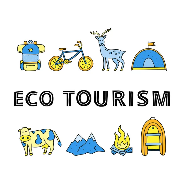 Póster Con Letras Iconos Ecoturismo Color Garabato Incluyendo Ciervos Bicicleta — Vector de stock