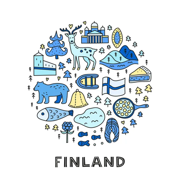 ヘルシンキ大聖堂 クラウドベリー オラフ城 ペストリー ミートボール 旗などのドードル色のフィンランドのアイコンは 円の形で構成されています — ストックベクタ