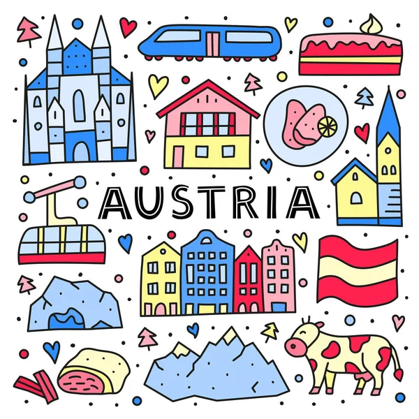 带有字母和涂鸦色的奥地利图标 包括维也纳大教堂 柱子等 以白色背景隔离 — 图库矢量图片