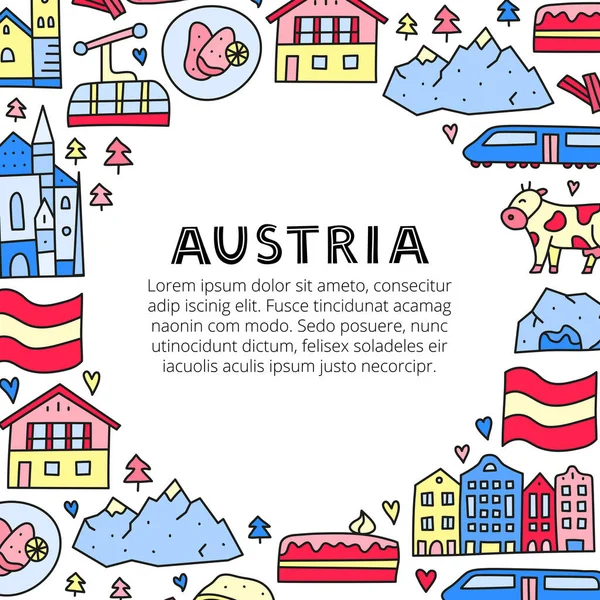 Plakat Liternictwem Doodle Kolorowe Ikony Austrii Tym Katedry Wiedeńskiej Pociąg — Wektor stockowy