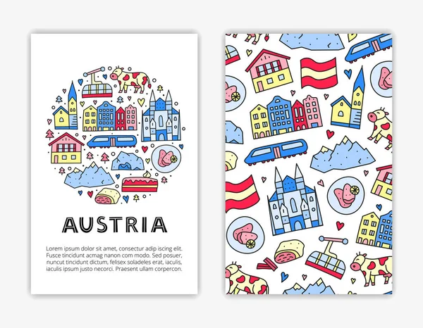 卡片模板 带有字母和涂鸦色的奥地利图标 包括维也纳大教堂 阿尔卑斯山 支柱等 在灰色背景下隔离 — 图库矢量图片