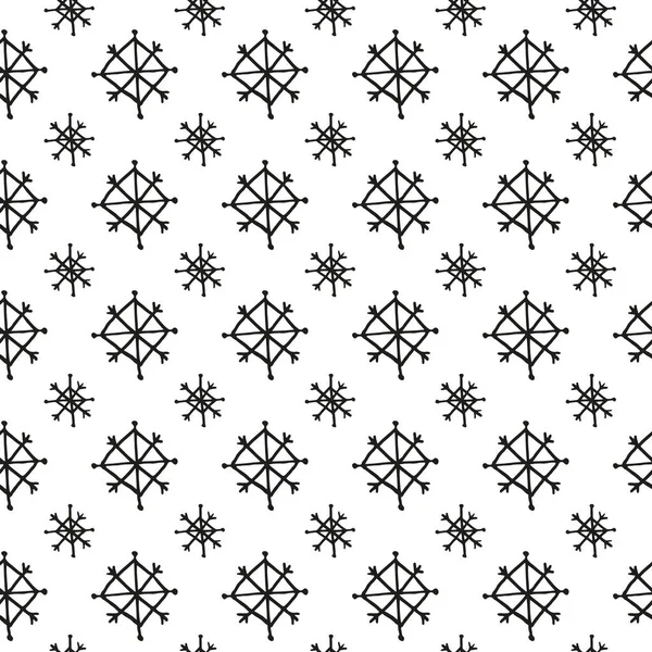 Zwart Wit Naadloos Patroon Met Handgetekende Krabbelinkt Sneeuwvlokken Stippen — Stockvector