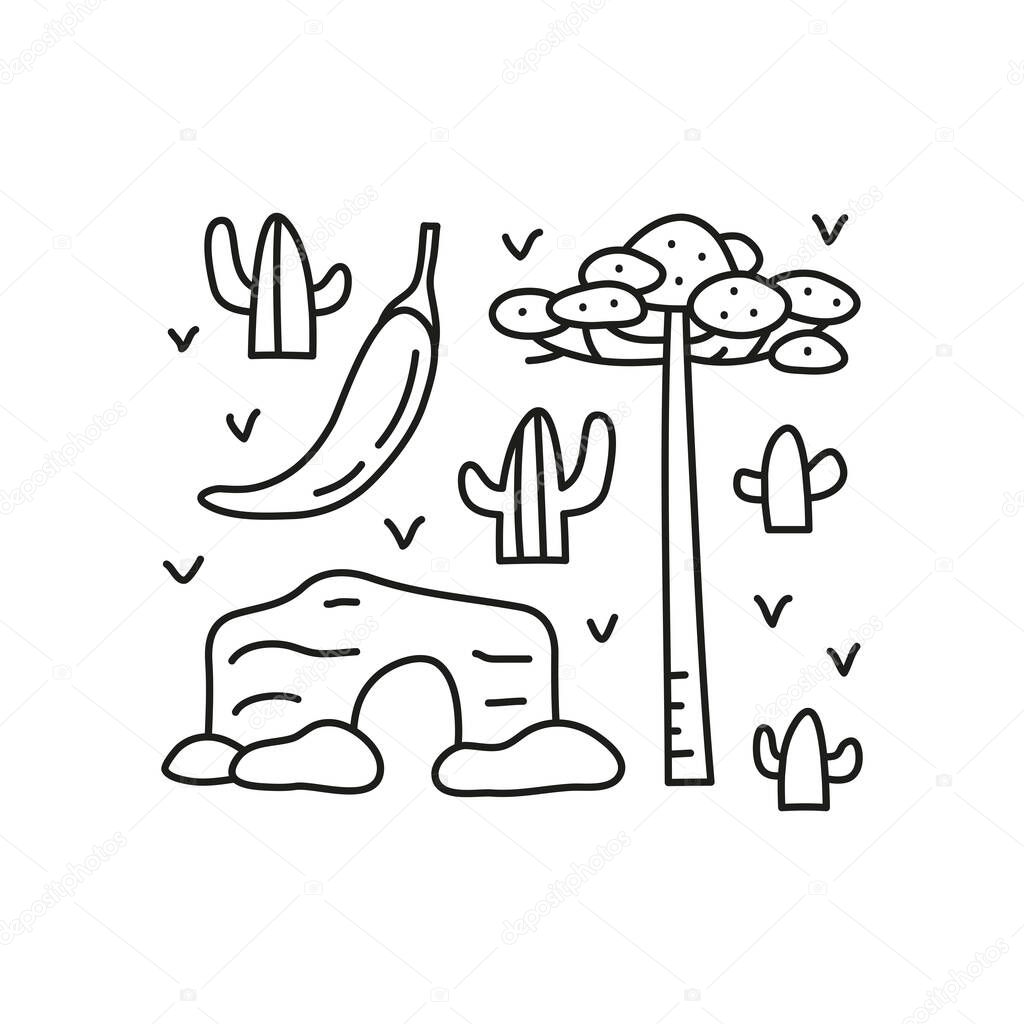 Group of doodle outline Chile icons including chili pepper, araucaria tree, cave, cactuses isolated on white background.