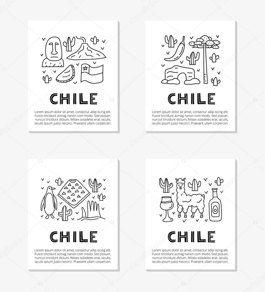 Cards with lettering and doodle outline Chile icons including Easter island statue, Villarrica volcano, araucaria tree, empanadas, penguin, poncho, alpaca, avocado oil isolated on grey background.