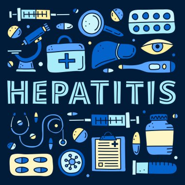 Karaciğer, mikroskop, şırınga, test tüpü, göz, ilk yardım kiti, stetoskop hoparlörü, karanlık arka planda izole edilmiş virüs içeren karalama renkli hepatit ikonlarının olduğu bir poster..