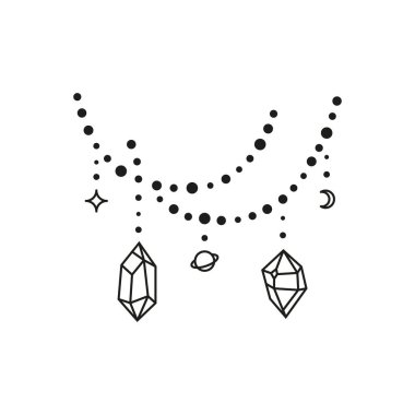 El çizimi gök boncukları, kristaller, gezegen, ay, beyaz arka planda izole edilmiş yıldız. Kutsal geometri. Simya esrarengiz büyü tılsımı. Mistik mücevherler..