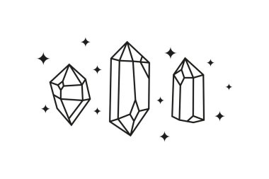 El çizimi kristaller ve beyaz arka planda izole edilmiş yıldızlar. Kutsal geometri. Simya esrarengiz büyü tılsımı. Mistik sembol.