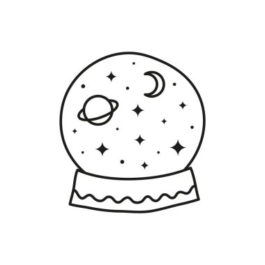 El çizimi cadı küresi ya da yıldızlı cam top, beyaz arka planda izole edilmiş hilal ve gezegen. Mistik sembol. Gelecek anlatımı. Boho şık dövme..