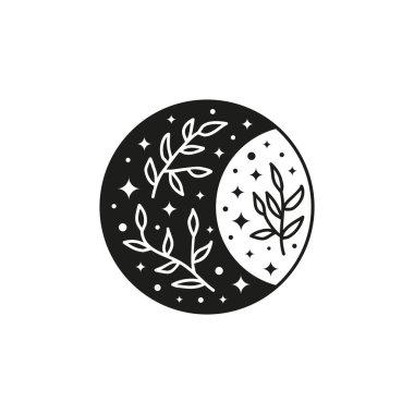 El çizimi siyah bohem hilal simgesi yapraklı dal, yıldızlar ve noktalar beyaz arkaplanda izole edilmiş. Ay çocuk illüstrasyonu. Boho şık silueti.