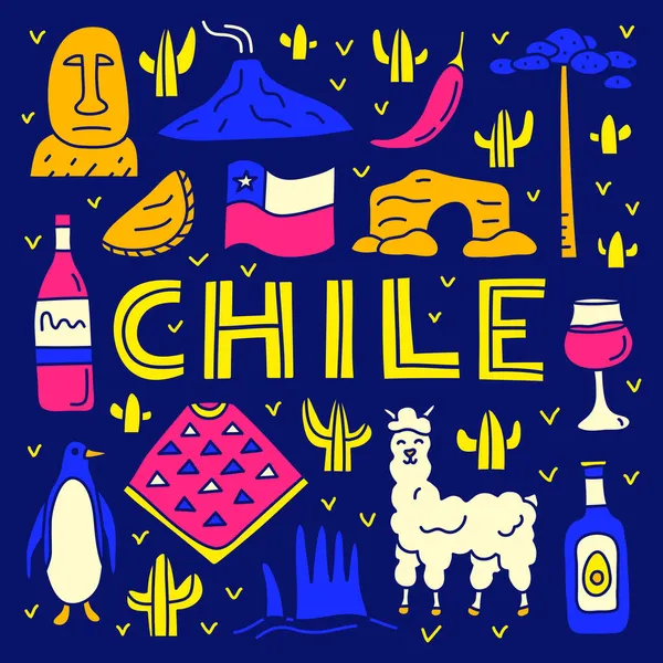 Cartaz Com Letras Doodle Ícones Coloridos Chile Incluindo Estátua Ilha —  Vetores de Stock