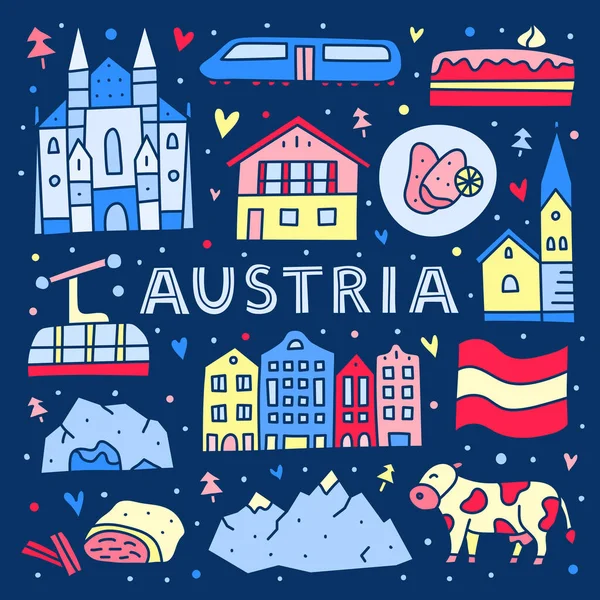 Plakat Liternictwem Bazgroły Kolorowe Ikony Austrii Tym Katedry Wiedeńskiej Pociąg — Wektor stockowy