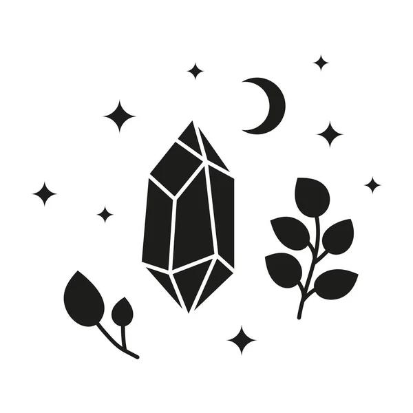 Cristal Celeste Negro Dibujado Mano Con Ramas Frondosas Estrellas Luna — Vector de stock