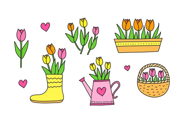 Nettes Gekritzel Farbigen Frühling Tulpenblumen Topf Gießkanne Korb Gummistiefel Strauß — Stockvektor