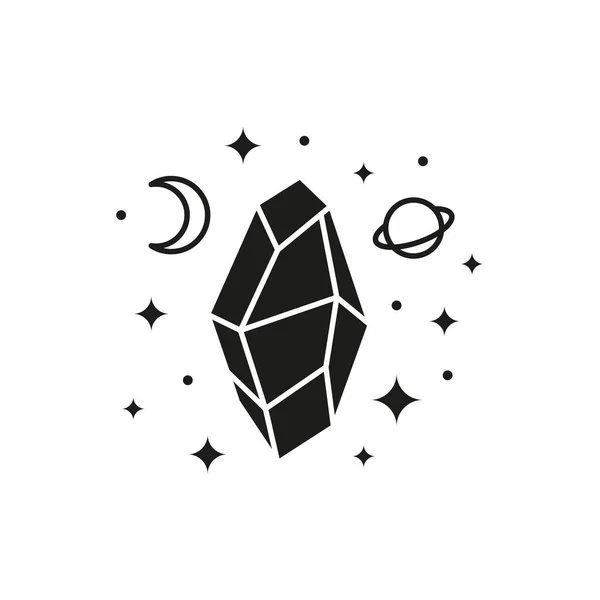 Cristal Celeste Negro Dibujado Mano Con Luna Creciente Planeta Estrellas — Vector de stock