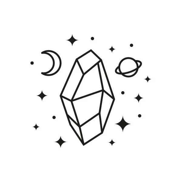 Esquema Dibujado Mano Cristal Celeste Con Luna Creciente Planeta Estrellas — Vector de stock