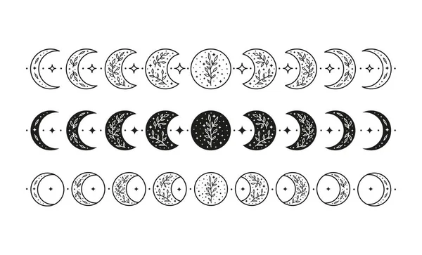 Set Med Handritade Svarta Och Kontur Himmelska Blommiga Månfaser Isolerad — Stock vektor