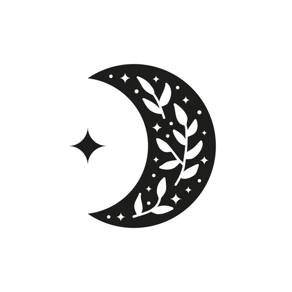 Handgezeichnete Schwarze Himmlische Halbmond Ikone Mit Grünen Zweigen Sternen Und — Stockvektor