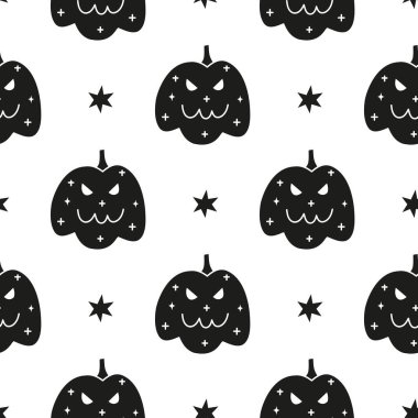 Siyah beyaz cadılar bayramı desensiz ve karalama ürkütücü balkabaklarıyla. Jack-o-fenerlerle arka plan.