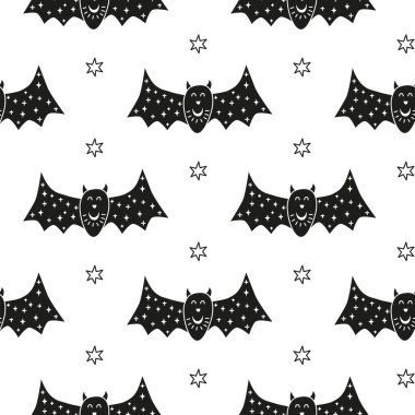 Siyah ve beyaz Cadılar Bayramı Karalama yarasaları ve yıldızlarla kusursuz desen.