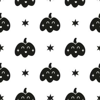 Siyah beyaz cadılar bayramı desensiz ve karalama ürkütücü balkabaklarıyla. Jack-o-fenerlerle arka plan.