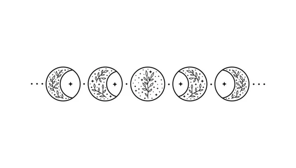 Set Linee Disegnate Mano Celesti Fasi Lunari Floreali Isolate Sfondo — Vettoriale Stock