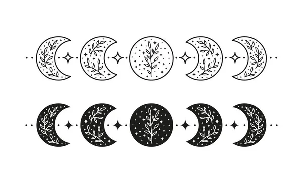 Set Med Handritade Svarta Och Kontur Himmelska Blommiga Månfaser Isolerad — Stock vektor