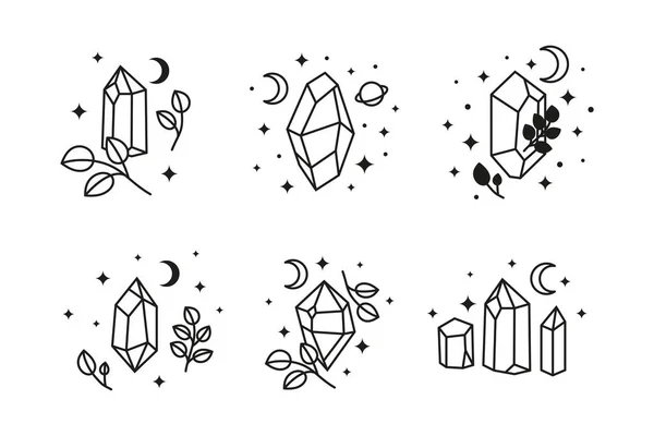 手描きのセット白い背景に孤立葉の枝 星や三日月と天体の結晶をアウトライン 神聖な幾何学 錬金術神秘的な魔法のお守り 神秘的なシンボル — ストックベクタ