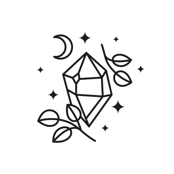 Esquema Dibujado Mano Cristal Celeste Con Ramas Frondosas Estrellas Luna — Vector de stock
