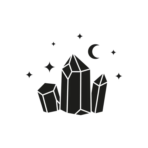 Cristales Negros Dibujados Mano Luna Estrellas Alrededor Aisladas Sobre Fondo — Vector de stock